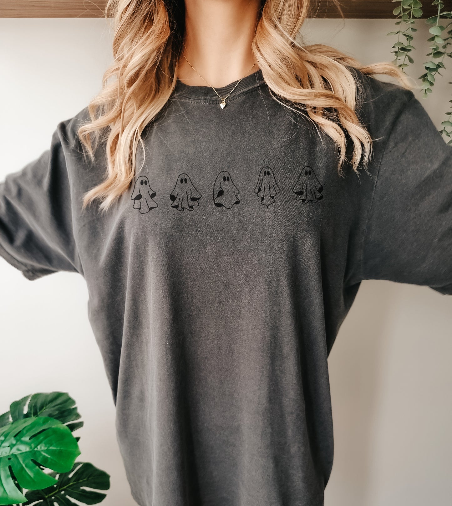 Spooky Ghosts T-shirt with five charcoal on charcoal ghosts for the ultimate monochrome look and Spooky tee